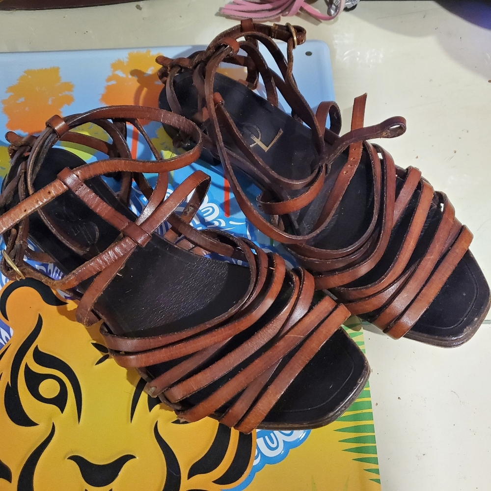 YSL Strappy Sandals Flats Brown Leather 36